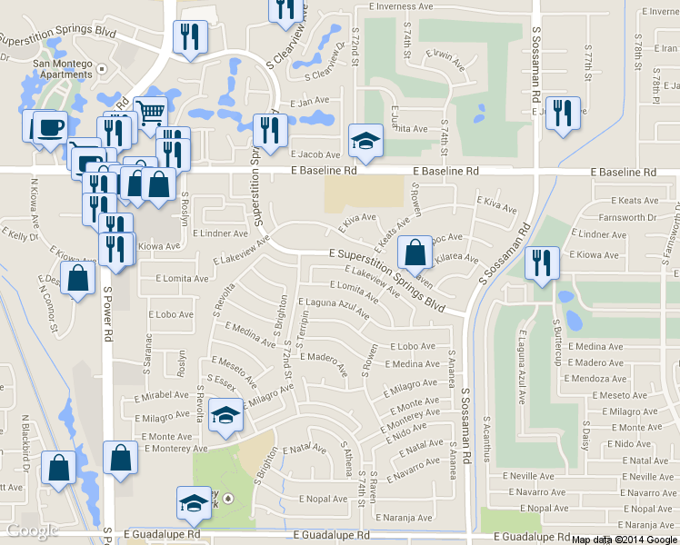 map of restaurants, bars, coffee shops, grocery stores, and more near 7306 East Lomita Avenue in Mesa