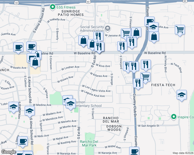 map of restaurants, bars, coffee shops, grocery stores, and more near 2206 South Cherry in Mesa
