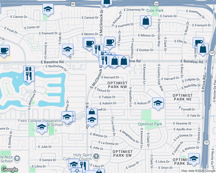 map of restaurants, bars, coffee shops, grocery stores, and more near 1836 East Oxford Drive in Tempe