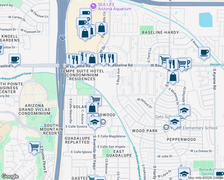 map of restaurants, bars, coffee shops, grocery stores, and more near 17 South Beck Avenue in Tempe