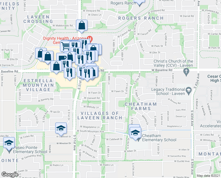 map of restaurants, bars, coffee shops, grocery stores, and more near 7815 South 48th Lane in Phoenix