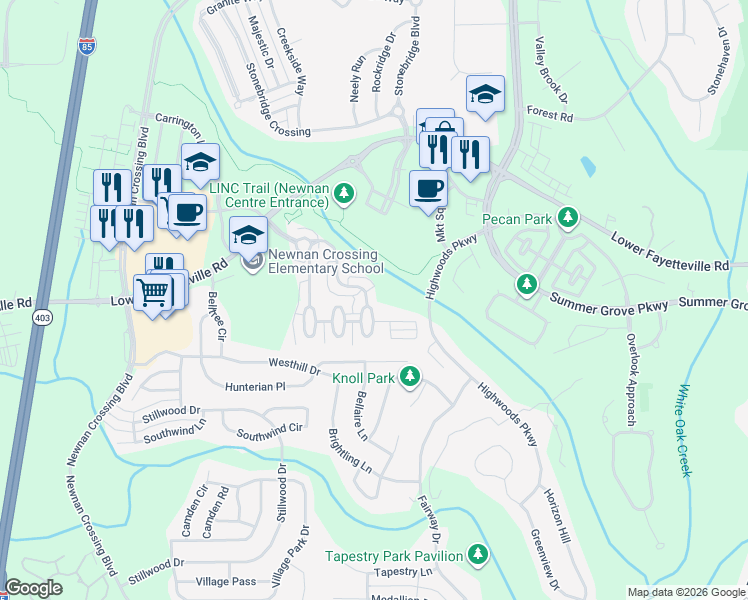 map of restaurants, bars, coffee shops, grocery stores, and more near 135 Macalester Drive in Newnan