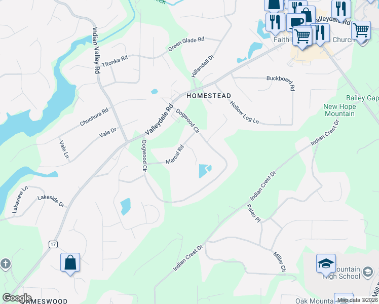 map of restaurants, bars, coffee shops, grocery stores, and more near 2521 Marcal Road in Birmingham