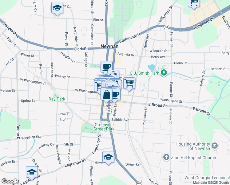 map of restaurants, bars, coffee shops, grocery stores, and more near 7 Jefferson Street in Newnan