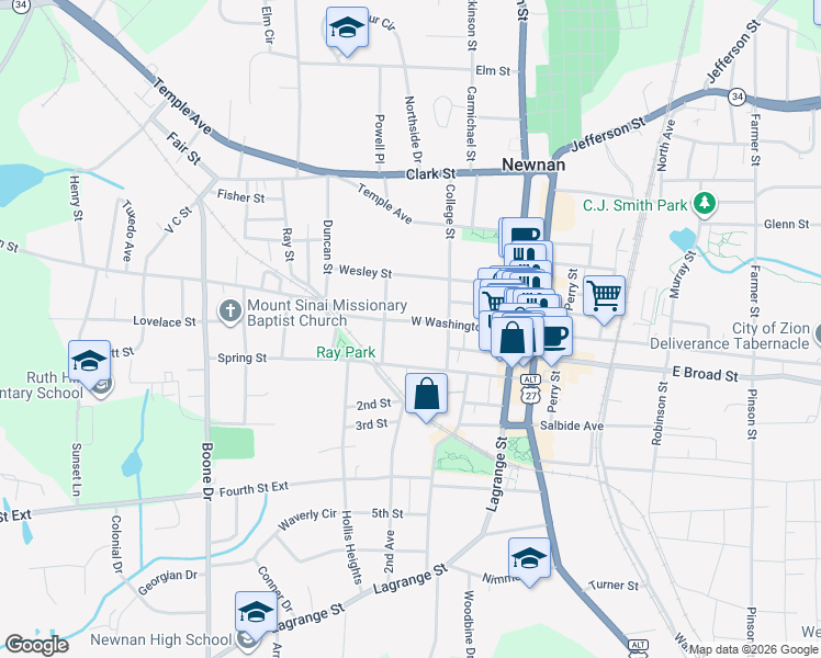 map of restaurants, bars, coffee shops, grocery stores, and more near 48 West Washington Street in Newnan