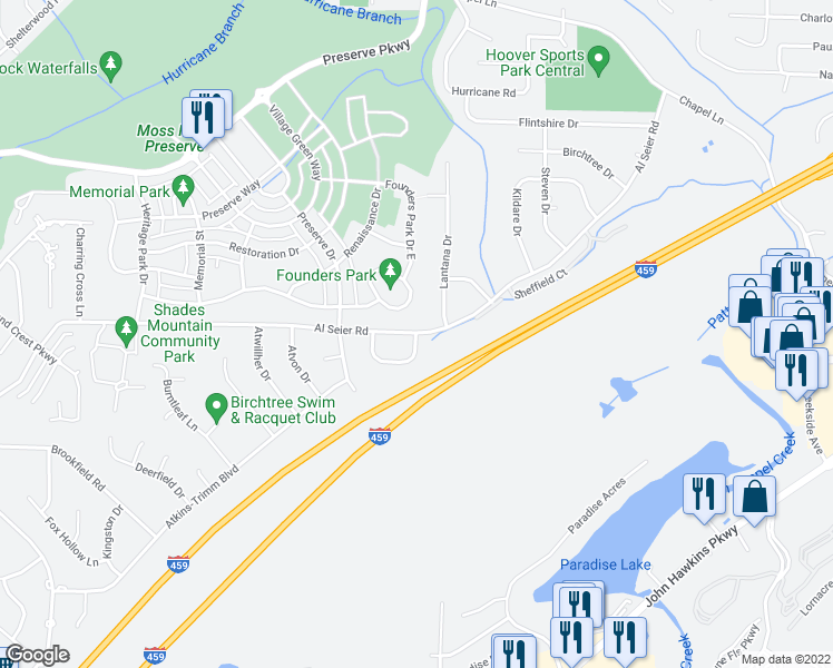 map of restaurants, bars, coffee shops, grocery stores, and more near 1436 Al Seier Lane in Hoover