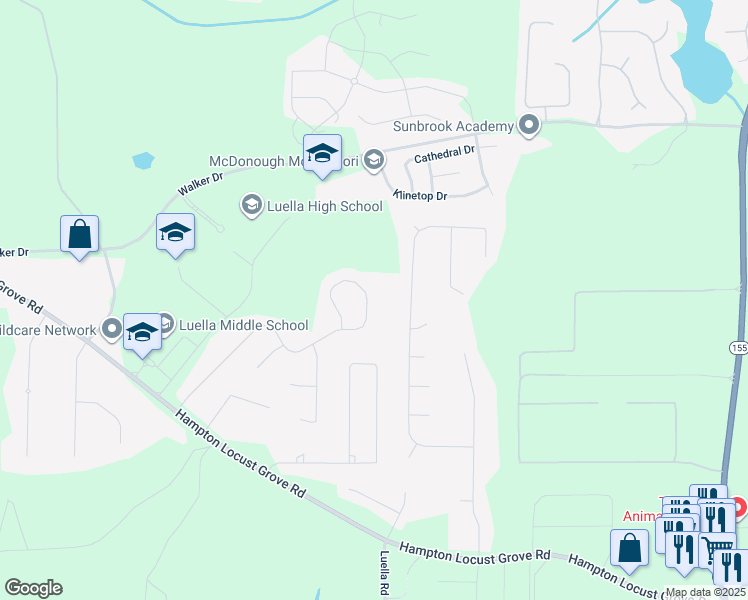 map of restaurants, bars, coffee shops, grocery stores, and more near 229 Whistle Way in Locust Grove