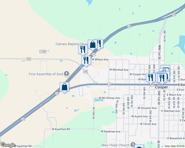 map of restaurants, bars, coffee shops, grocery stores, and more near 110 Farm to Market 64 in Cooper