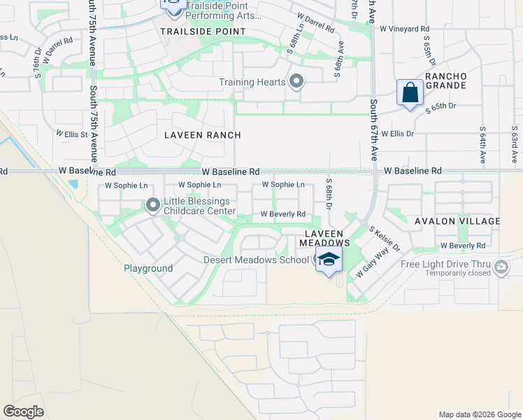map of restaurants, bars, coffee shops, grocery stores, and more near 7025 West Beverly Road in Phoenix