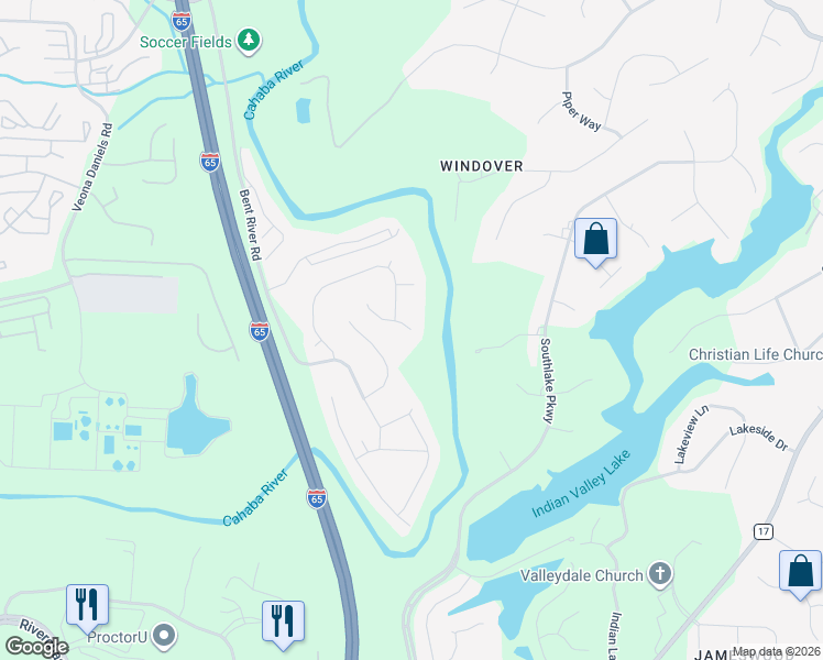 map of restaurants, bars, coffee shops, grocery stores, and more near 5033 Bent River Trce in Birmingham