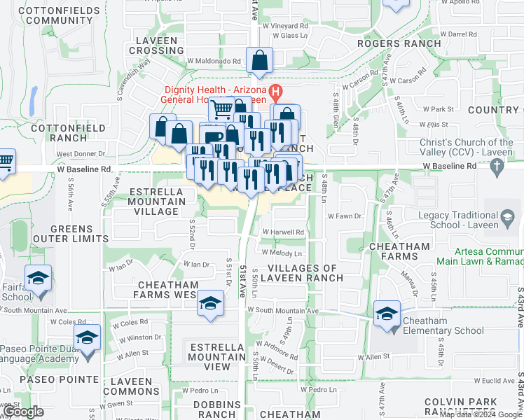 map of restaurants, bars, coffee shops, grocery stores, and more near 7755 South 51st Avenue in Laveen