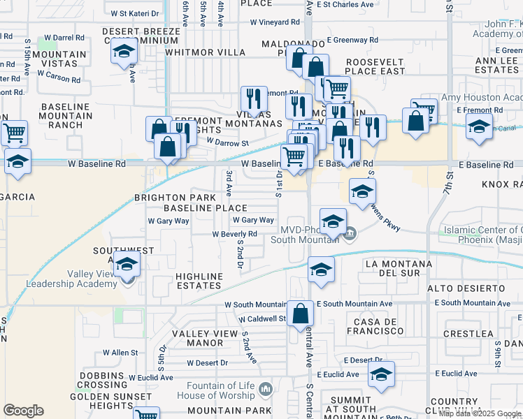 map of restaurants, bars, coffee shops, grocery stores, and more near 106 West Gary Way in Phoenix