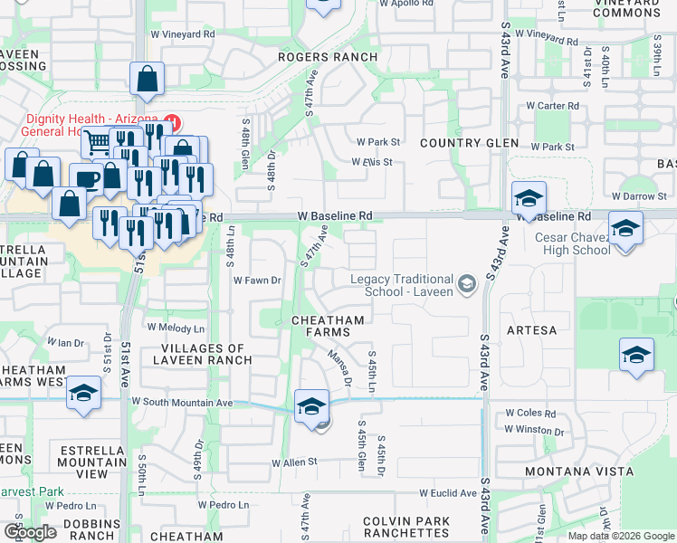 map of restaurants, bars, coffee shops, grocery stores, and more near 7814 South 46th Drive in Phoenix