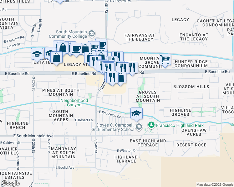 map of restaurants, bars, coffee shops, grocery stores, and more near 7916 South 25th Street in Phoenix