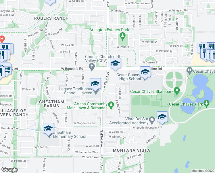 map of restaurants, bars, coffee shops, grocery stores, and more near 4233 West Beautiful Lane in Phoenix