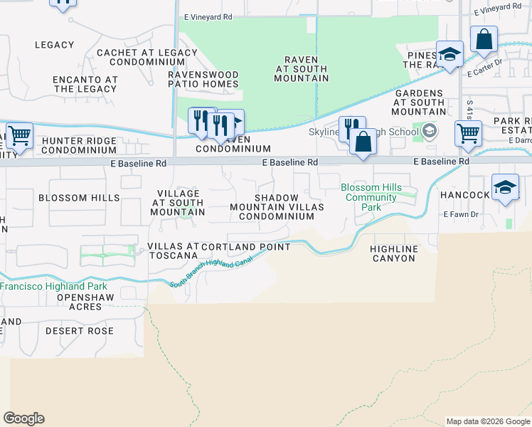 map of restaurants, bars, coffee shops, grocery stores, and more near 3428 East Harwell Road in Phoenix