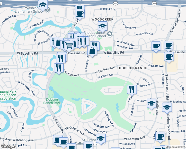 map of restaurants, bars, coffee shops, grocery stores, and more near 2141 South Pennington in Mesa