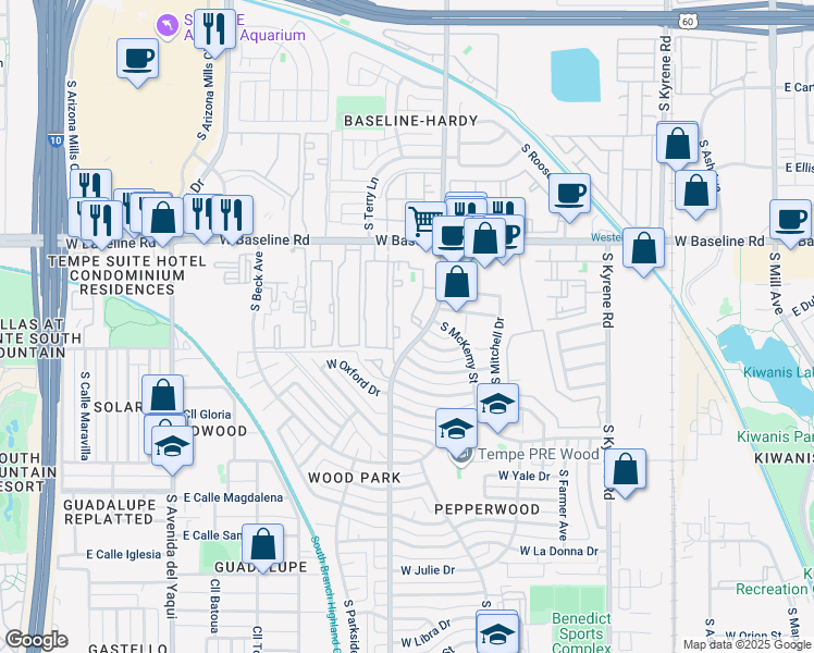 map of restaurants, bars, coffee shops, grocery stores, and more near 5250 South Hardy Drive in Tempe