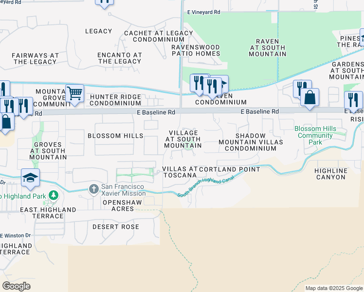 map of restaurants, bars, coffee shops, grocery stores, and more near 3221 East Mountain Village Circle in Phoenix