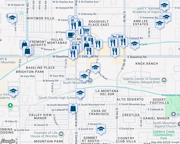 map of restaurants, bars, coffee shops, grocery stores, and more near 222 East Olympic Drive in Phoenix