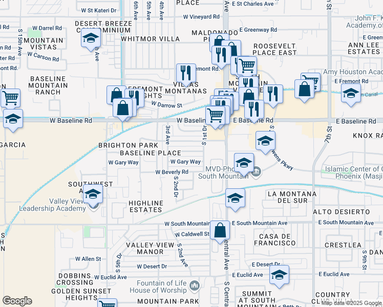 map of restaurants, bars, coffee shops, grocery stores, and more near 106 West Gary Way in Phoenix