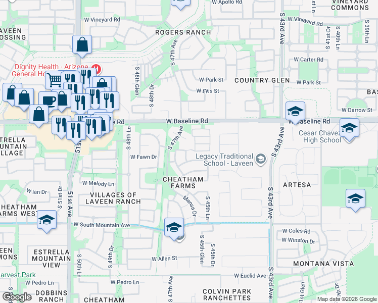 map of restaurants, bars, coffee shops, grocery stores, and more near 7814 South 46th Drive in Phoenix