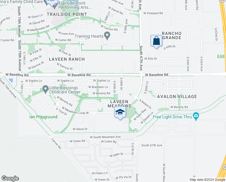 map of restaurants, bars, coffee shops, grocery stores, and more near 7725 South 69th Drive in Phoenix