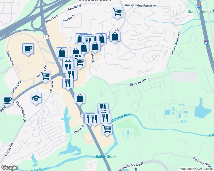 map of restaurants, bars, coffee shops, grocery stores, and more near 511 Riverhaven Place in Hoover