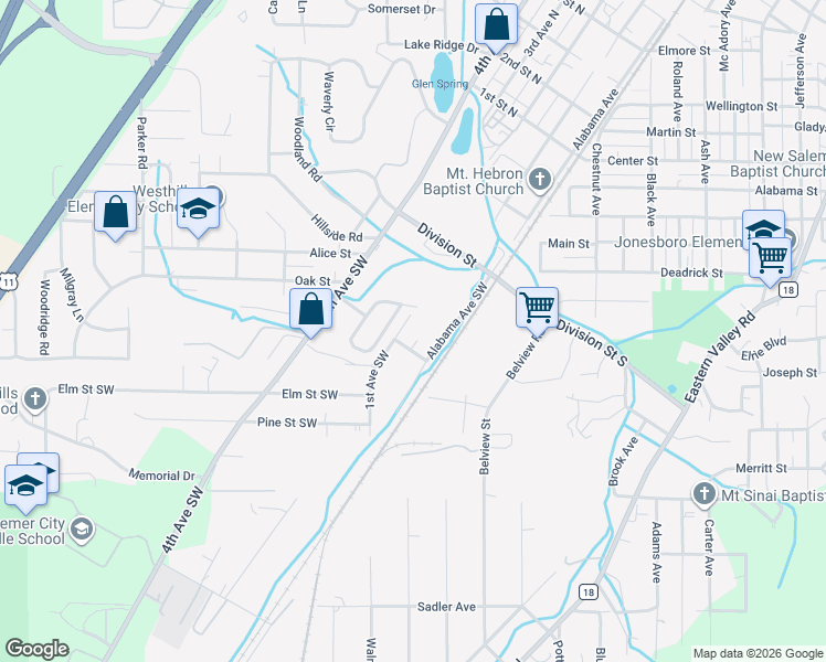 map of restaurants, bars, coffee shops, grocery stores, and more near 343 1st Avenue Southwest in Bessemer