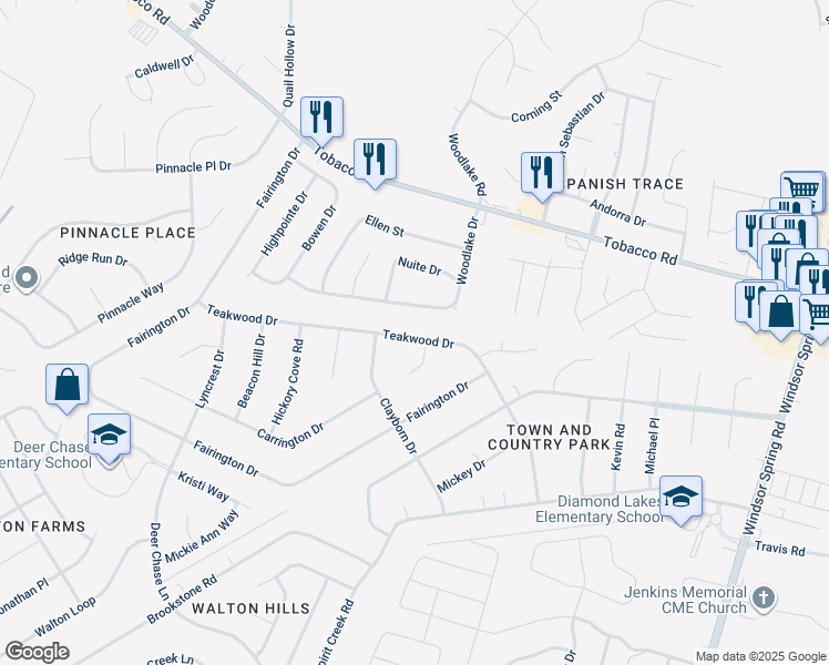 map of restaurants, bars, coffee shops, grocery stores, and more near 2633 Teakwood Drive in Hephzibah