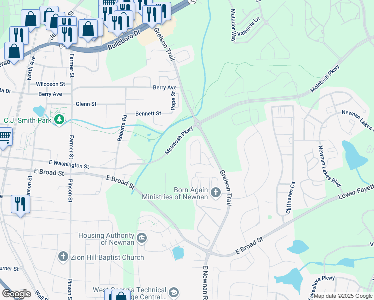 map of restaurants, bars, coffee shops, grocery stores, and more near 72 Chastain Circle in Newnan