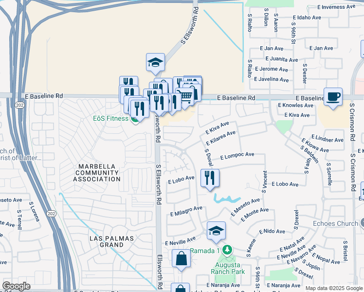 map of restaurants, bars, coffee shops, grocery stores, and more near 9311 East Kiowa Avenue in Mesa