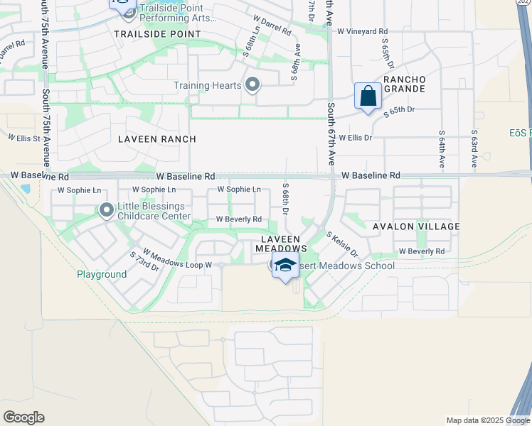 map of restaurants, bars, coffee shops, grocery stores, and more near 7725 South 69th Drive in Phoenix