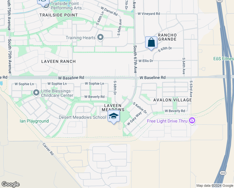 map of restaurants, bars, coffee shops, grocery stores, and more near 7725 South 68th Drive in Phoenix