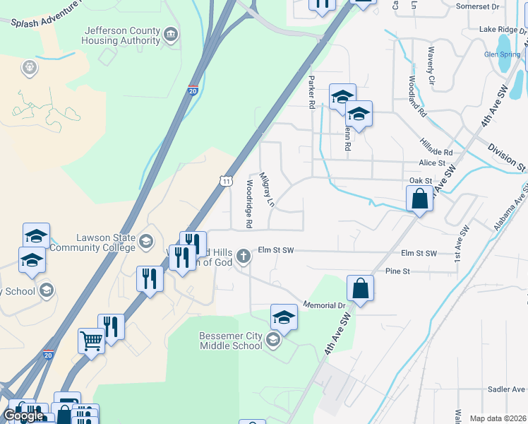 map of restaurants, bars, coffee shops, grocery stores, and more near 804 Woodridge Road in Bessemer