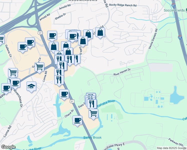 map of restaurants, bars, coffee shops, grocery stores, and more near 511 Riverhaven Place in Hoover