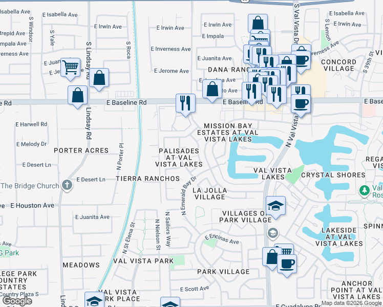 map of restaurants, bars, coffee shops, grocery stores, and more near 1326 East Bermuda Bay Court in Gilbert