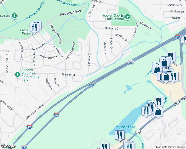 map of restaurants, bars, coffee shops, grocery stores, and more near 1389 Al Seier Road in Birmingham