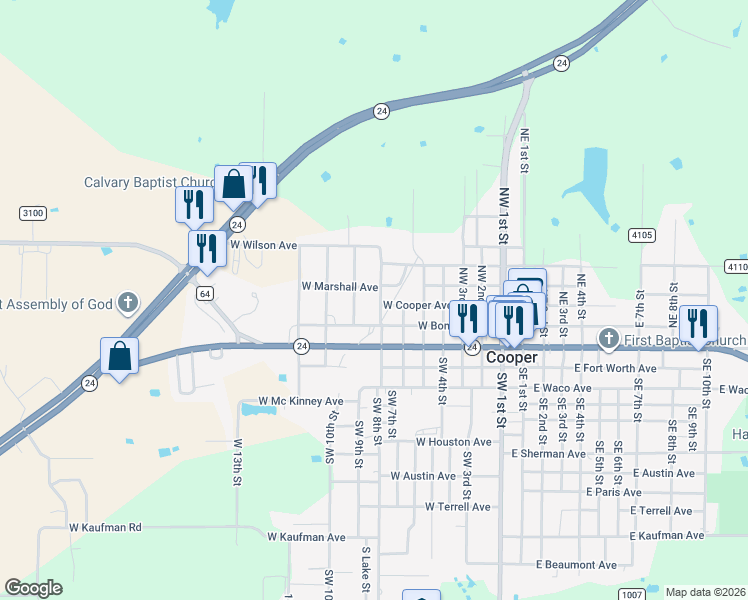 map of restaurants, bars, coffee shops, grocery stores, and more near 151 Northwest 7th Street in Cooper