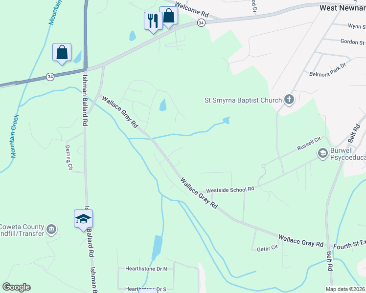 map of restaurants, bars, coffee shops, grocery stores, and more near Wallace Gray Court in Newnan
