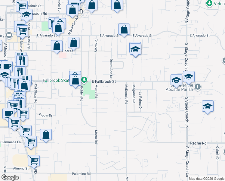 map of restaurants, bars, coffee shops, grocery stores, and more near 705 Old Bridge Road in Fallbrook