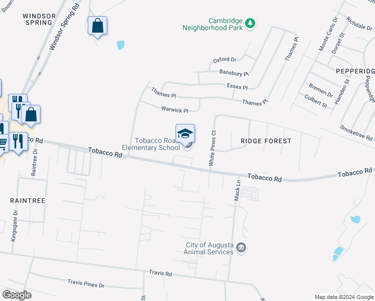 map of restaurants, bars, coffee shops, grocery stores, and more near 2397 Tobacco Road in Augusta