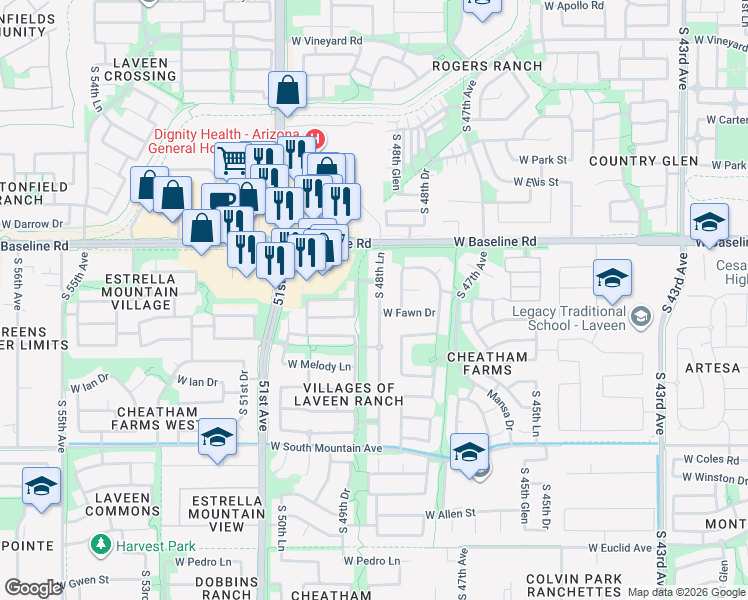 map of restaurants, bars, coffee shops, grocery stores, and more near 7815 South 48th Lane in Phoenix
