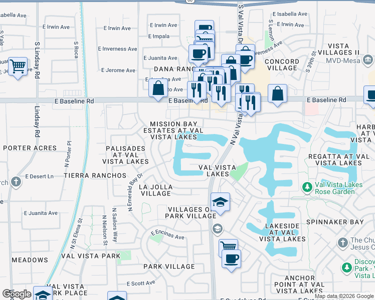 map of restaurants, bars, coffee shops, grocery stores, and more near 1402 East Coral Cove Drive in Gilbert
