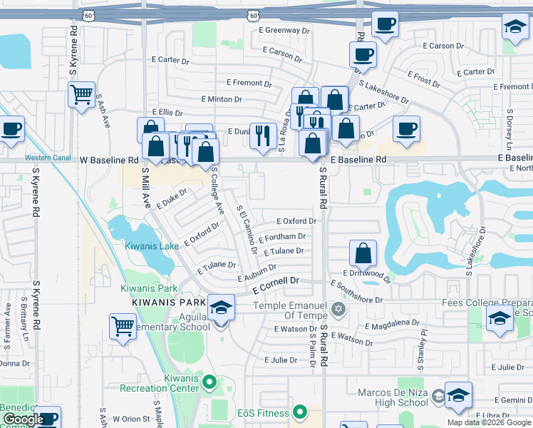 map of restaurants, bars, coffee shops, grocery stores, and more near 615 East Oxford Drive in Tempe