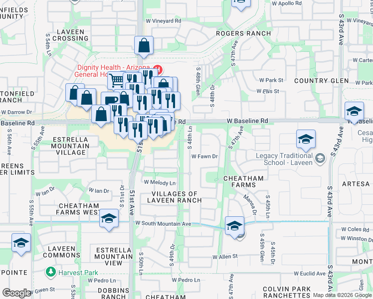 map of restaurants, bars, coffee shops, grocery stores, and more near 7815 South 48th Lane in Phoenix