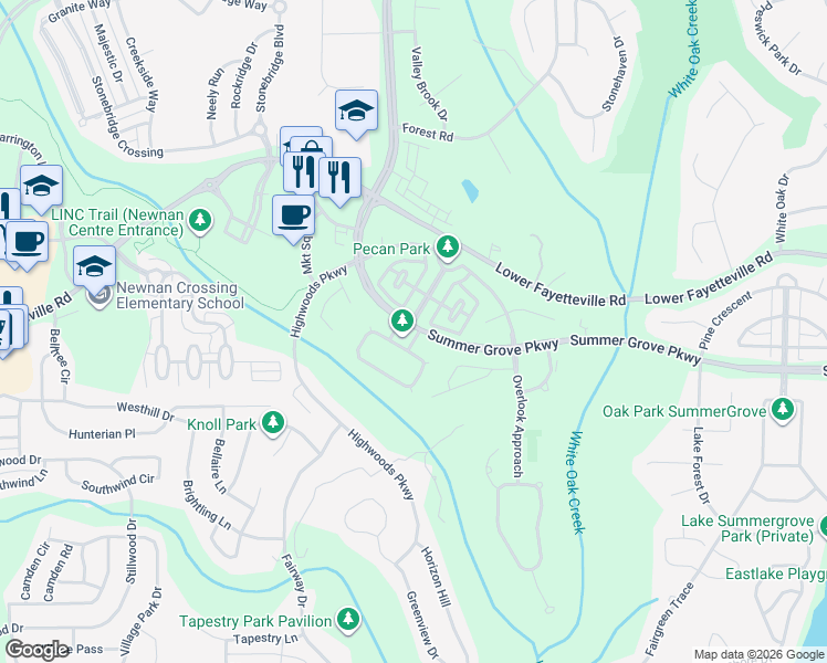 map of restaurants, bars, coffee shops, grocery stores, and more near 10 Green View East in Newnan