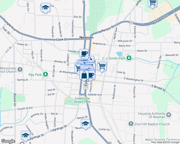 map of restaurants, bars, coffee shops, grocery stores, and more near 7 Jefferson Street in Newnan