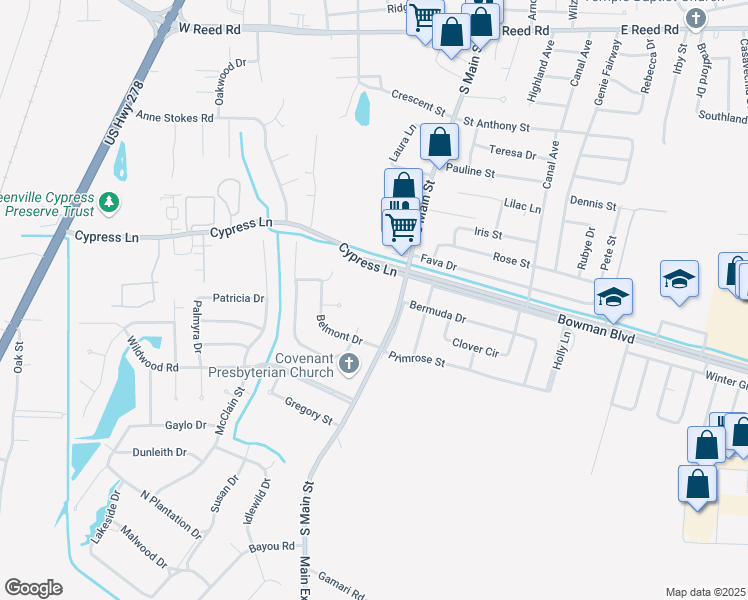 map of restaurants, bars, coffee shops, grocery stores, and more near 1700 South Main Street in Greenville