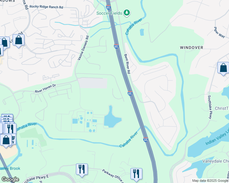 map of restaurants, bars, coffee shops, grocery stores, and more near 4387 Ridgemont Circle in Birmingham